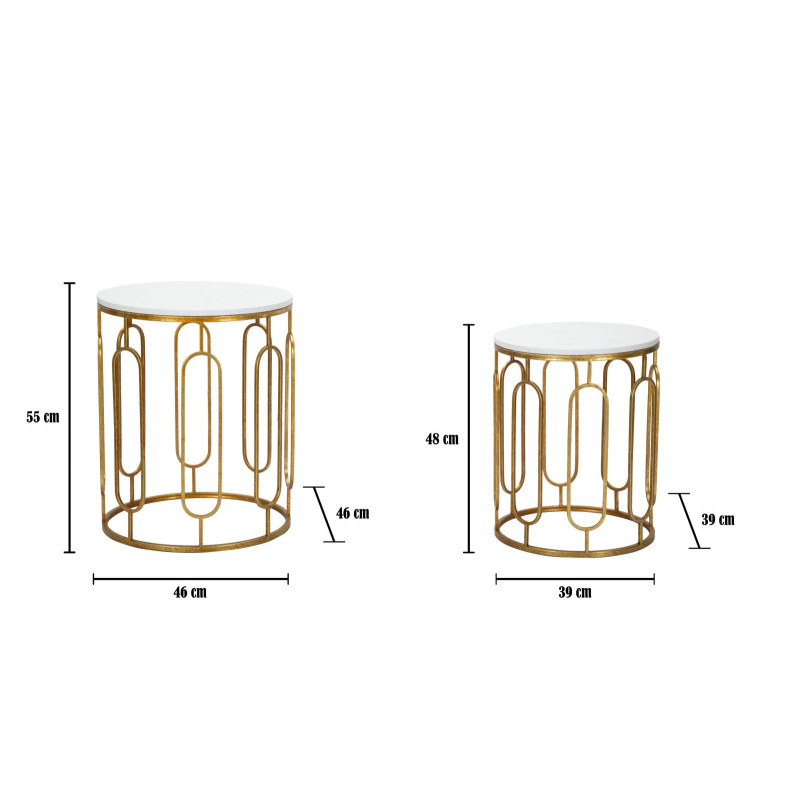 Table d'appoint moderne Ronde en Marbre Blanc Métal Doré Tory (Lot de 2) 