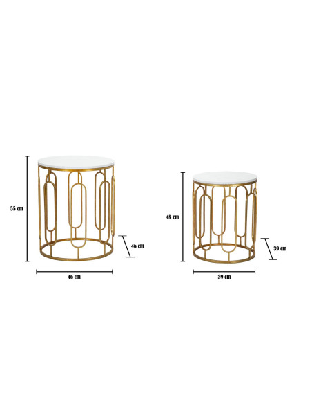 Table d'appoint moderne Ronde en Marbre Blanc Métal Doré Tory (Lot de 2) 