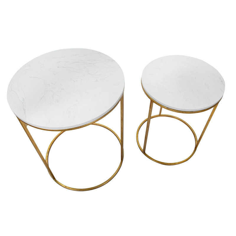 Table d'appoint moderne Ronde en Marbre Blanc Métal Doré Simply (Lot de 2) 