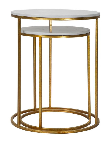 Table d'appoint moderne Ronde en Marbre Blanc Métal Doré Simply (Lot de 2) 