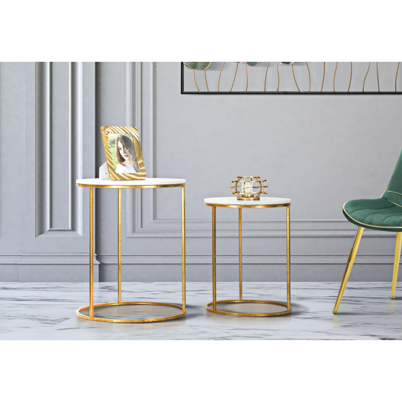 Table d'appoint moderne Ronde en Marbre Blanc Métal Doré Simply (Lot de 2) 
