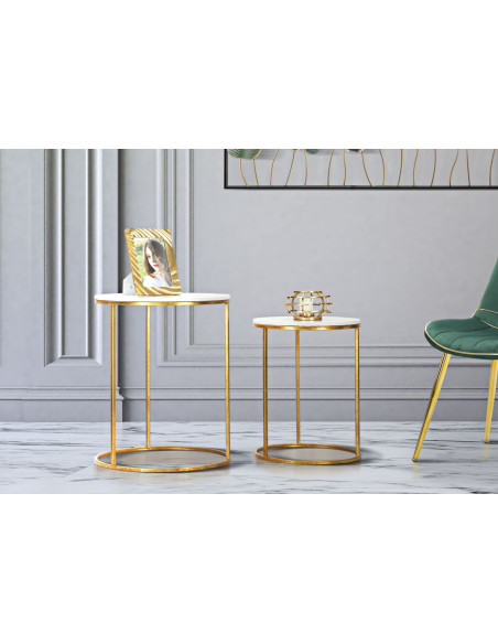 Table d'appoint moderne Ronde en Marbre Blanc Métal Doré Simply (Lot de 2) 
