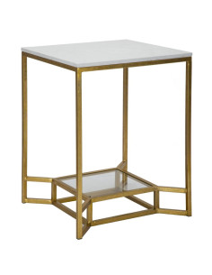 Table d'appoint moderne Carrée 1 étagère en Marbre Blanc Métal Doré Verre Double 