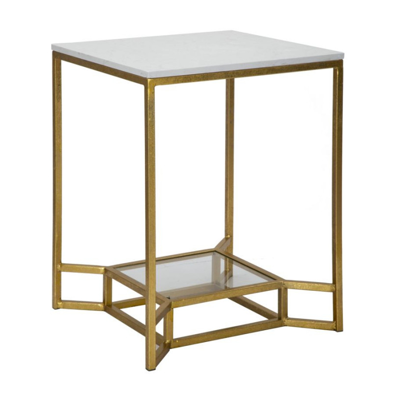 Table d'appoint moderne Carrée 1 étagère en Marbre Blanc Métal Doré Verre Double 