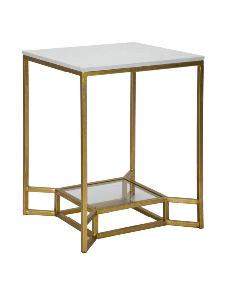 Table d'appoint moderne Carrée 1 étagère en Marbre Blanc Métal Doré Verre Double 