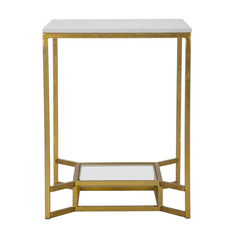 Table d'appoint moderne Carrée 1 étagère en Marbre Blanc Métal Doré Verre Double 