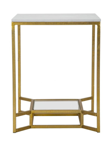 Table d'appoint moderne Carrée 1 étagère en Marbre Blanc Métal Doré Verre Double 
