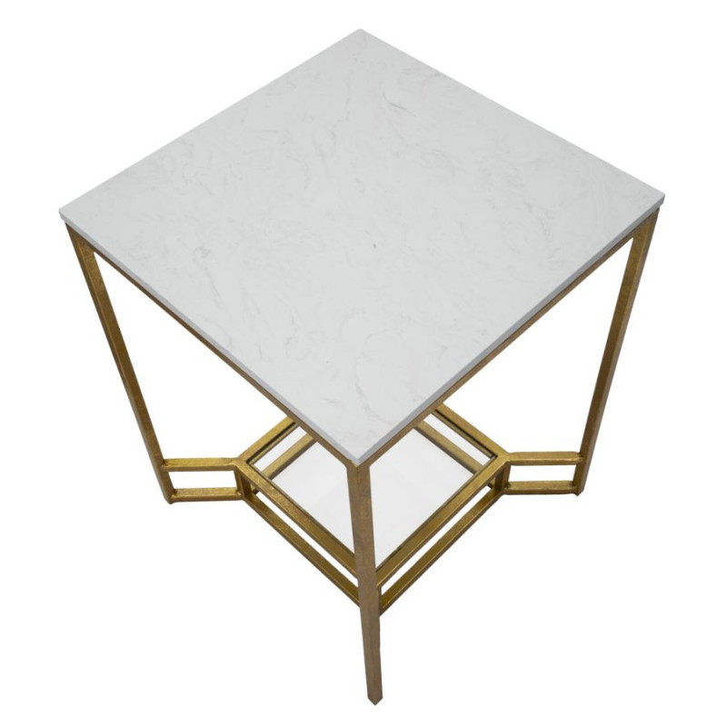 Table d'appoint moderne Carrée 1 étagère en Marbre Blanc Métal Doré Verre Double 