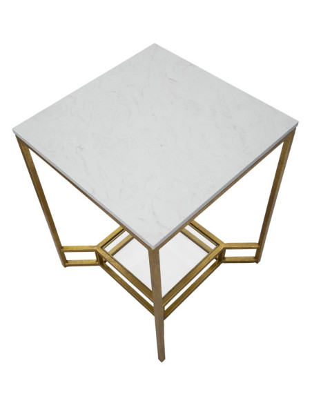 Table d'appoint moderne Carrée 1 étagère en Marbre Blanc Métal Doré Verre Double 