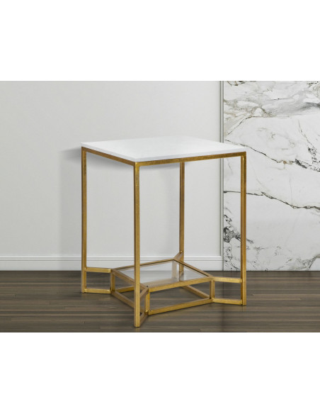 Table d'appoint moderne Carrée 1 étagère en Marbre Blanc Métal Doré Verre Double 