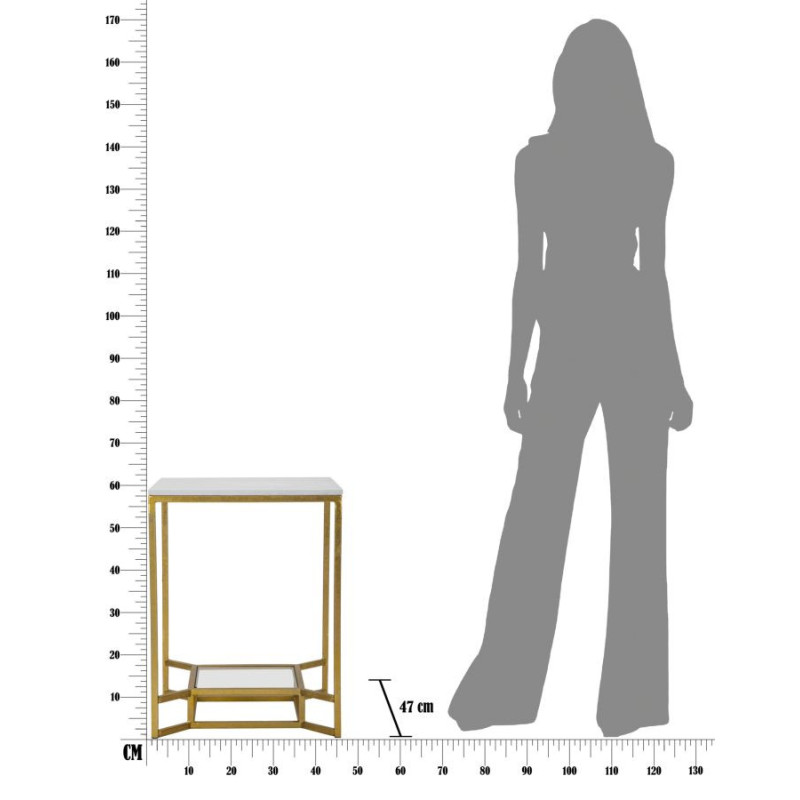 Table d'appoint moderne Carrée 1 étagère en Marbre Blanc Métal Doré Verre Double 