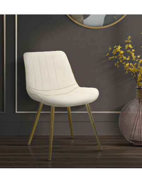 Chaise moderne chic en Velours Blanc crème Métal Doré Paris (Lot de 2) 
