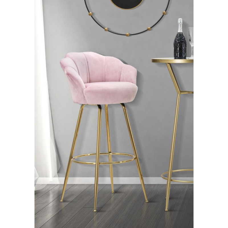 Tabouret de bar original Coquillage en Velours Rose Métal Doré Vienna 