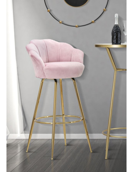 Tabouret de bar original Coquillage en Velours Rose Métal Doré Vienna 