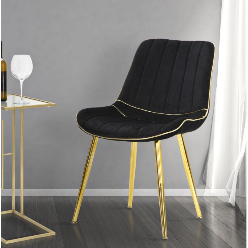 Chaise moderne chic en Velours Noir Métal Doré Paris (Lot de 2) 