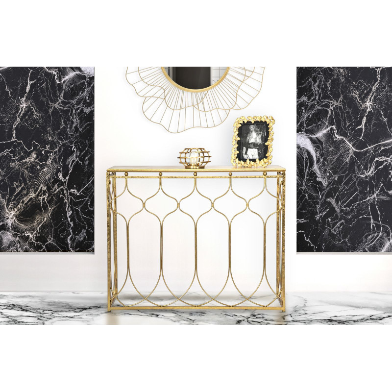 Console moderne Rectangulaire en Métal Doré Arabesque 