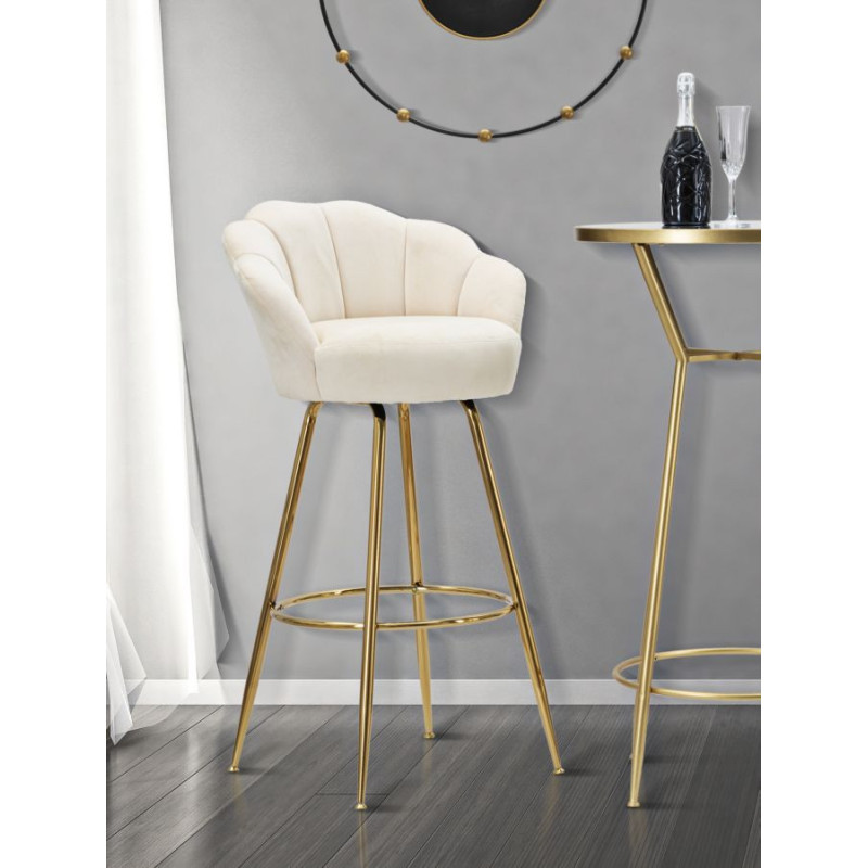 Tabouret de bar original Coquillage en Velours Blanc crème Métal Doré Vienna 