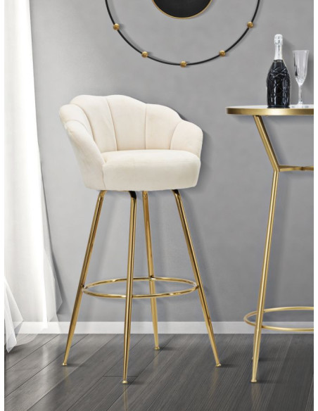 Tabouret de bar original Coquillage en Velours Blanc crème Métal Doré Vienna 