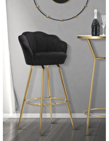 Tabouret de bar original Coquillage en Velours Noir Métal Doré Vienna 