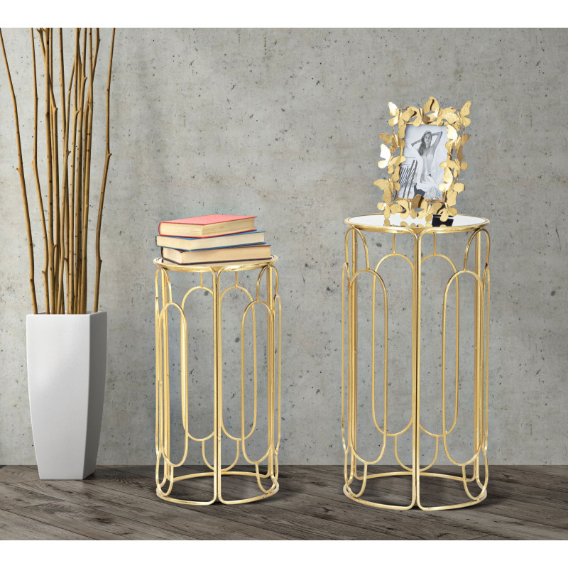 Sellette haute moderne Ronde en Métal Doré Miroir Arty (Lot de 2) 