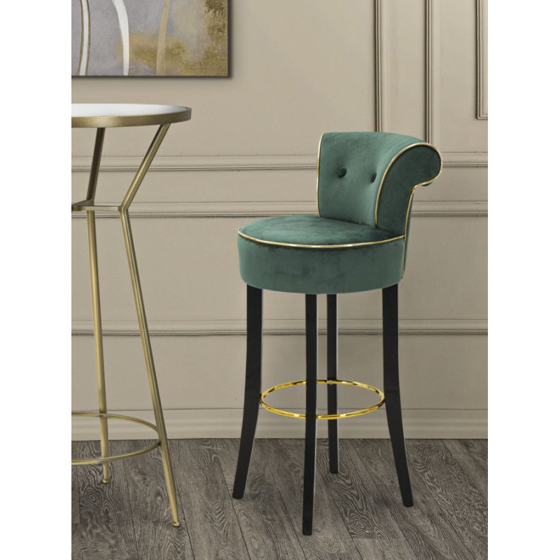 Tabouret de bar moderne avec dossier en Velours Vert Capitonné Simili Métal Doré Luxy 