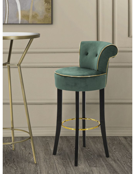 Tabouret de bar moderne avec dossier en Velours Vert Capitonné Simili Métal Doré Luxy 
