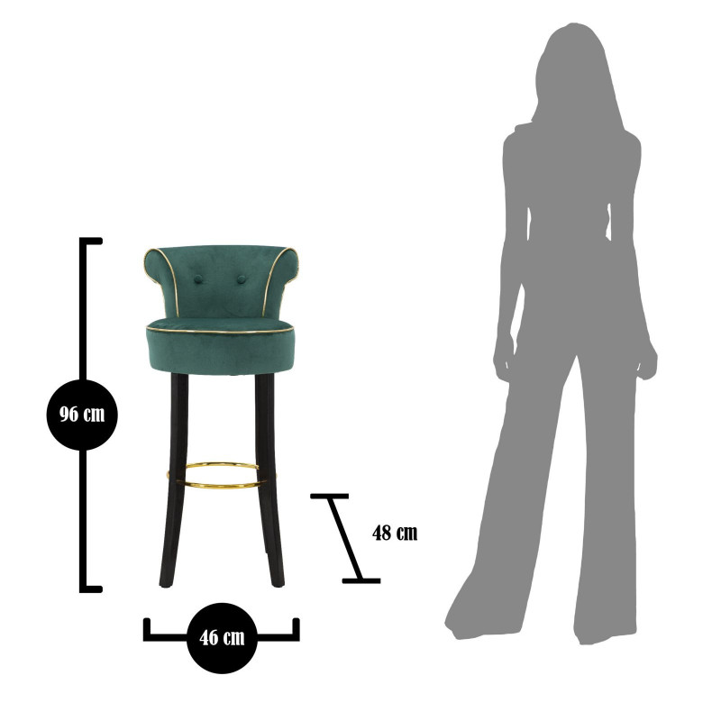 Tabouret de bar moderne avec dossier en Velours Vert Capitonné Simili Métal Doré Luxy 