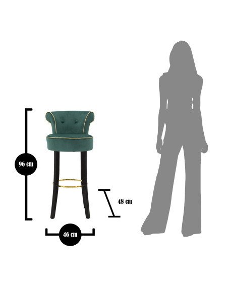 Tabouret de bar moderne avec dossier en Velours Vert Capitonné Simili Métal Doré Luxy 