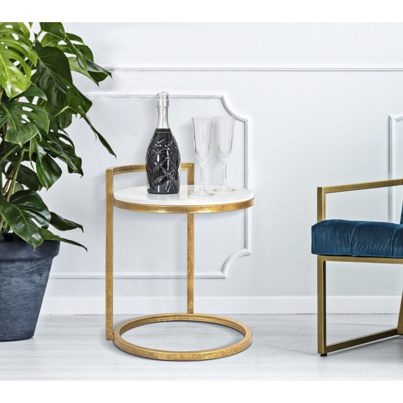 Bout de canapé moderne Rond en Marbre Blanc Métal Doré Round 