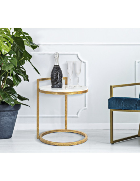 Bout de canapé moderne Rond en Marbre Blanc Métal Doré Round 