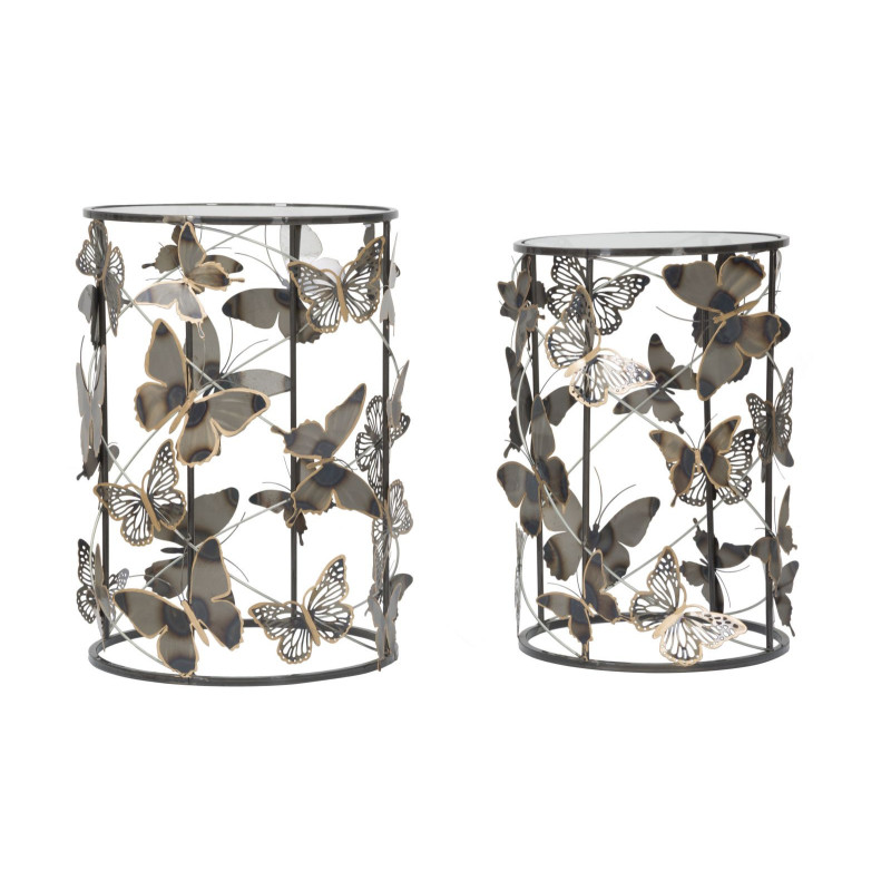 Table d'appoint originale Ronde en Métal Noir Verre Motif papillons Farfalle (Lot de 2) 