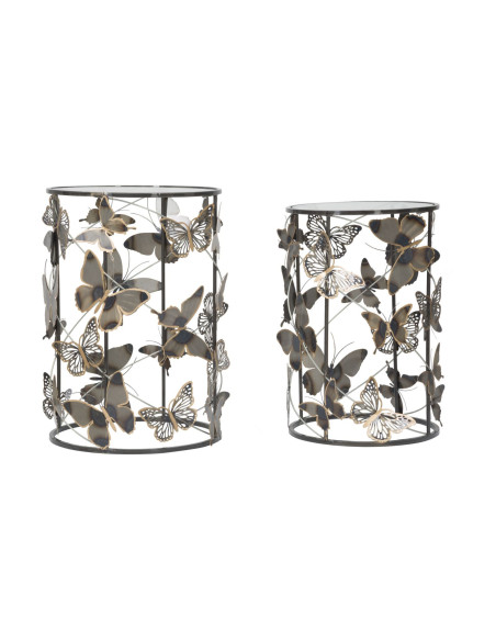 Table d'appoint originale Ronde en Métal Noir Verre Motif papillons Farfalle (Lot de 2) 