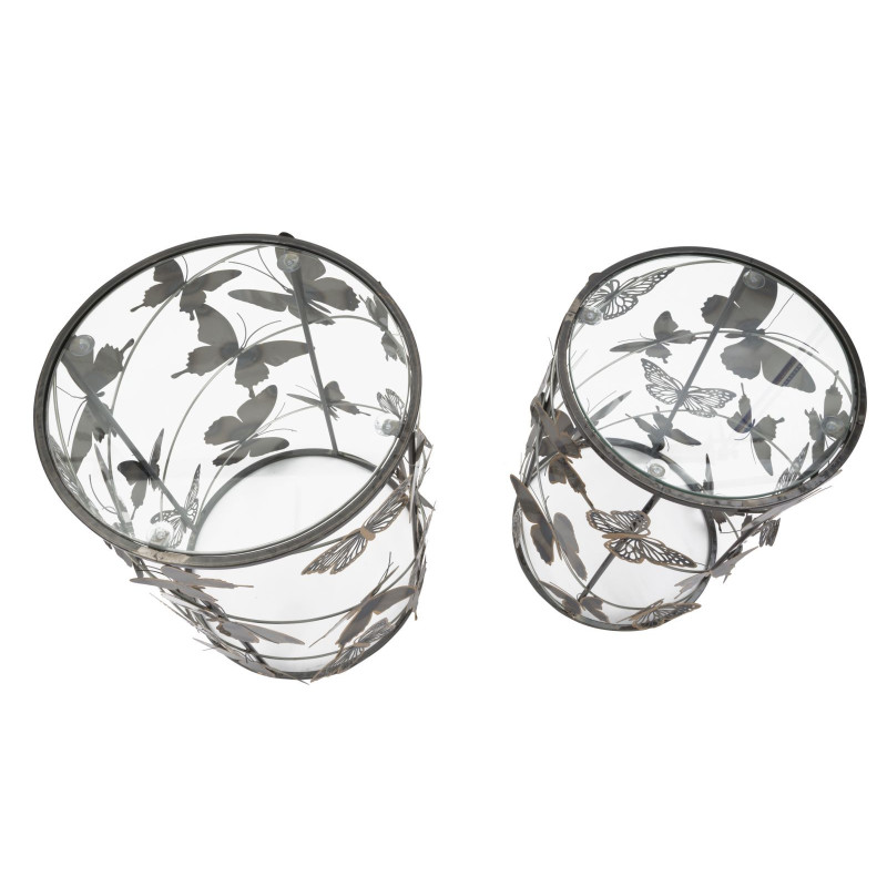 Table d'appoint originale Ronde en Métal Noir Verre Motif papillons Farfalle (Lot de 2) 