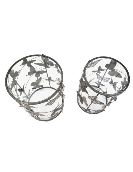 Table d'appoint originale Ronde en Métal Noir Verre Motif papillons Farfalle (Lot de 2) 
