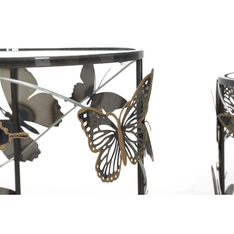 Table d'appoint originale Ronde en Métal Noir Verre Motif papillons Farfalle (Lot de 2) 