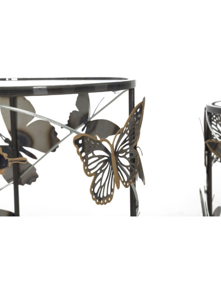 Table d'appoint originale Ronde en Métal Noir Verre Motif papillons Farfalle (Lot de 2) 