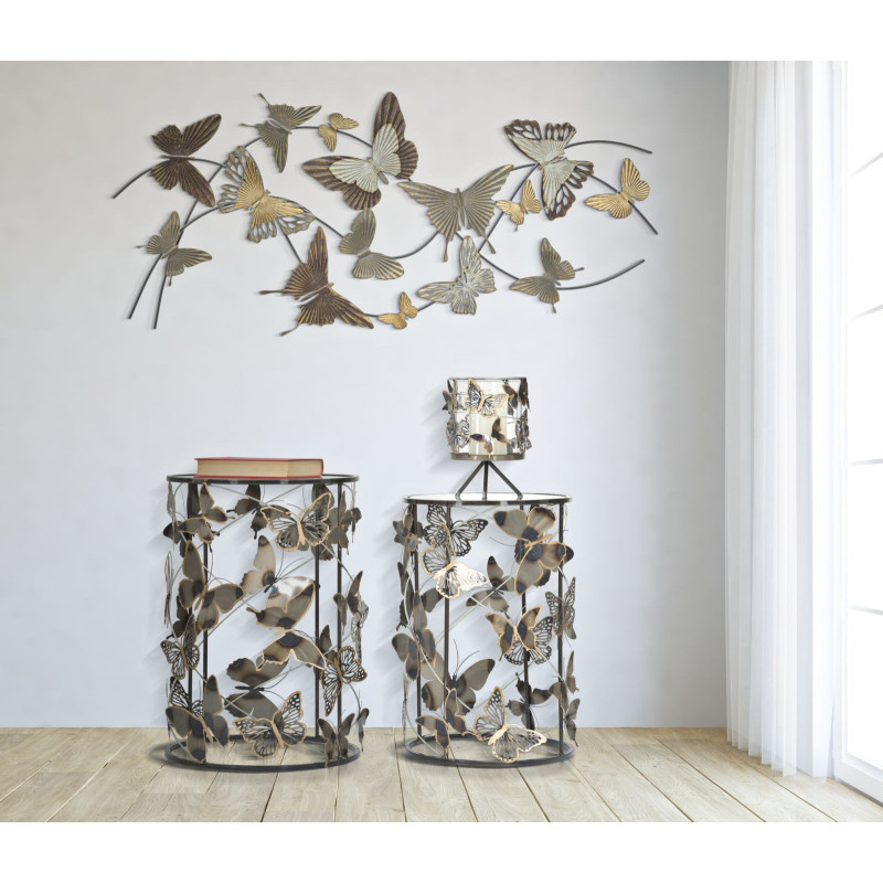 Table d'appoint originale Ronde en Métal Noir Verre Motif papillons Farfalle (Lot de 2) 