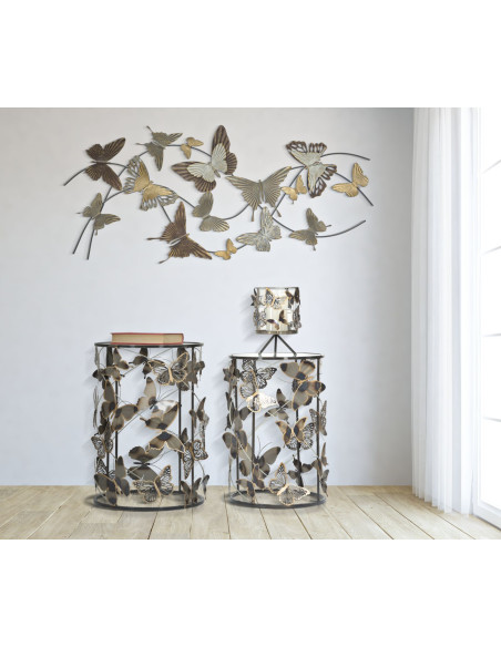Table d'appoint originale Ronde en Métal Noir Verre Motif papillons Farfalle (Lot de 2) 