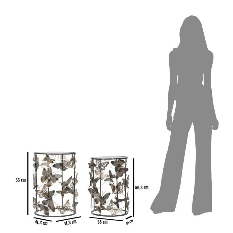 Table d'appoint originale Ronde en Métal Noir Verre Motif papillons Farfalle (Lot de 2) 