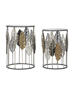 Table d'appoint originale Ronde en Métal Noir Verre Motif feuilles Foglie (Lot de 2) 