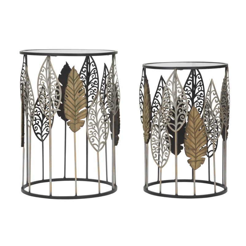 Table d'appoint originale Ronde en Métal Noir Verre Motif feuilles Foglie (Lot de 2) 