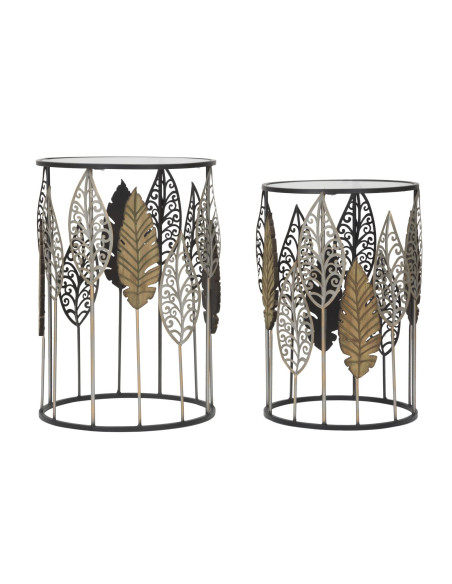 Table d'appoint originale Ronde en Métal Noir Verre Motif feuilles Foglie (Lot de 2) 