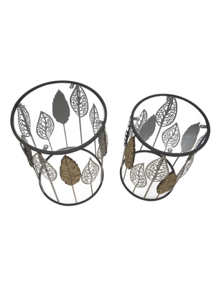 Table d'appoint originale Ronde en Métal Noir Verre Motif feuilles Foglie (Lot de 2) 