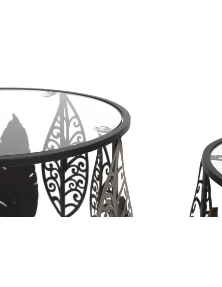 Table d'appoint originale Ronde en Métal Noir Verre Motif feuilles Foglie (Lot de 2) 