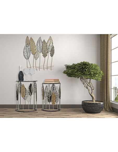 Table d'appoint originale Ronde en Métal Noir Verre Motif feuilles Foglie (Lot de 2) 