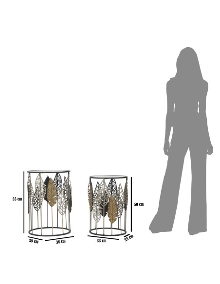 Table d'appoint originale Ronde en Métal Noir Verre Motif feuilles Foglie (Lot de 2) 