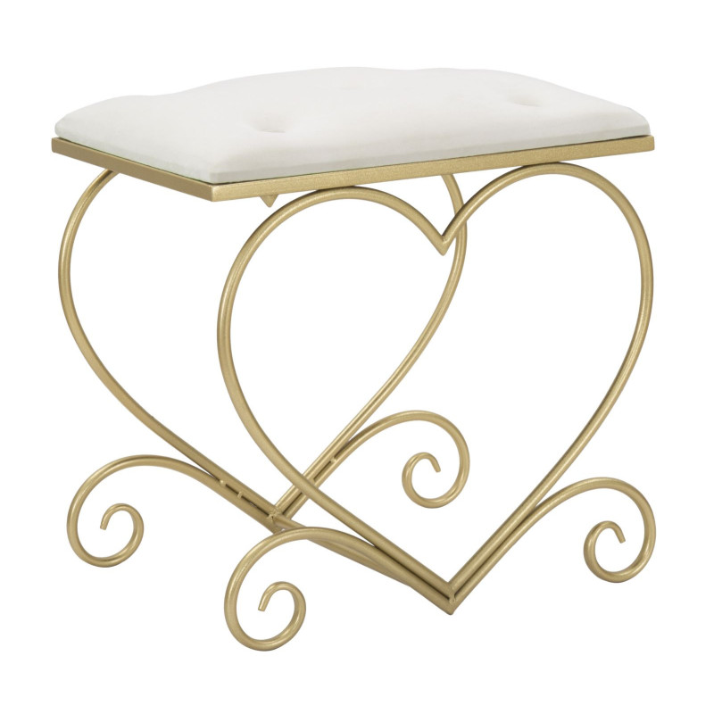 Tabouret original Coeur en Velours Blanc crème Capitonné Métal Doré Heart 