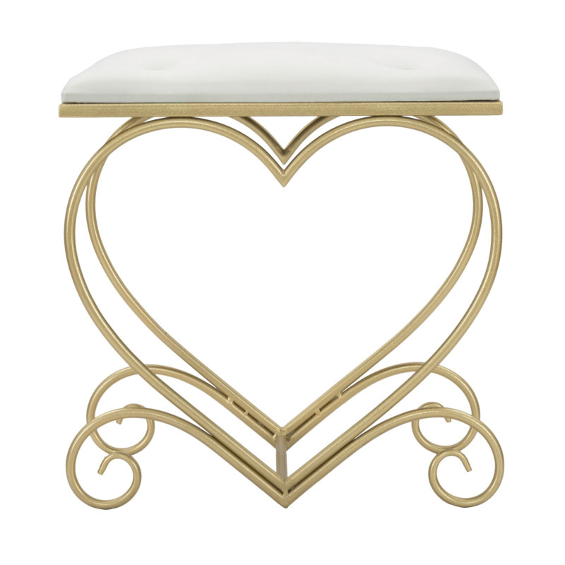 Tabouret original Coeur en Velours Blanc crème Capitonné Métal Doré Heart 