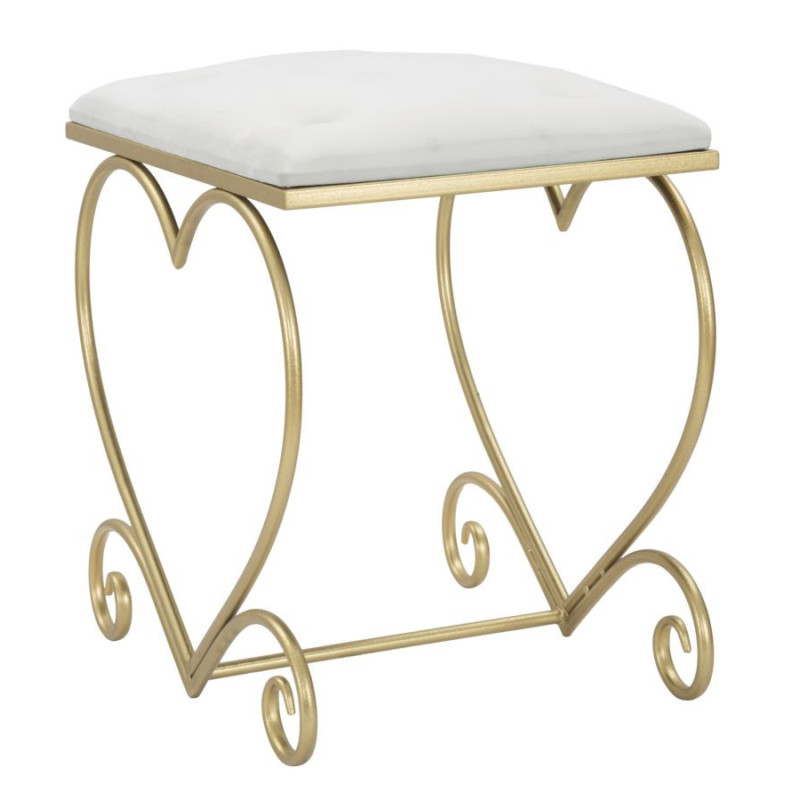 Tabouret original Coeur en Velours Blanc crème Capitonné Métal Doré Heart 