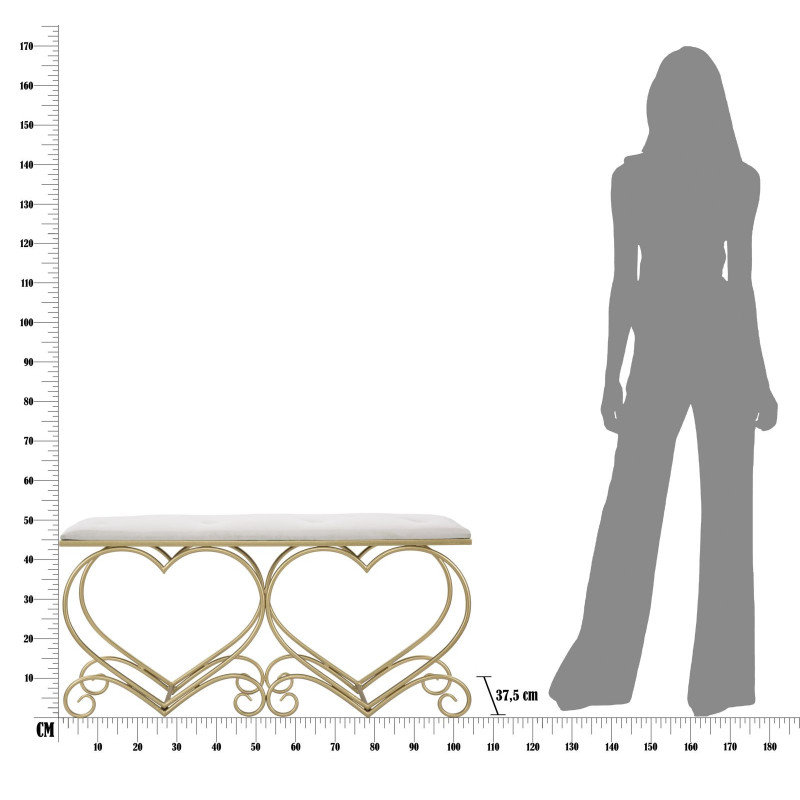 Banquette originale Coeurs 2 places en Velours Blanc crème Capitonné Métal Doré Heart 